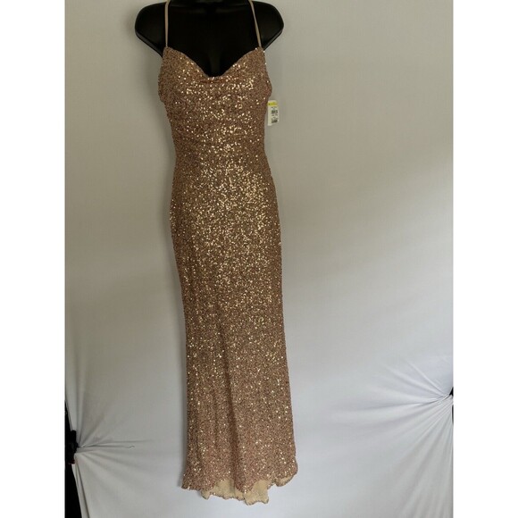 La Femme NWT Rose Blush Gold Sequin Floor Length Gown Tie Back Size 4 $398 - Picture 2 of 10